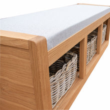 Load image into Gallery viewer, Bench Seat with Cushion and Storage Baskets - Solid Oak
