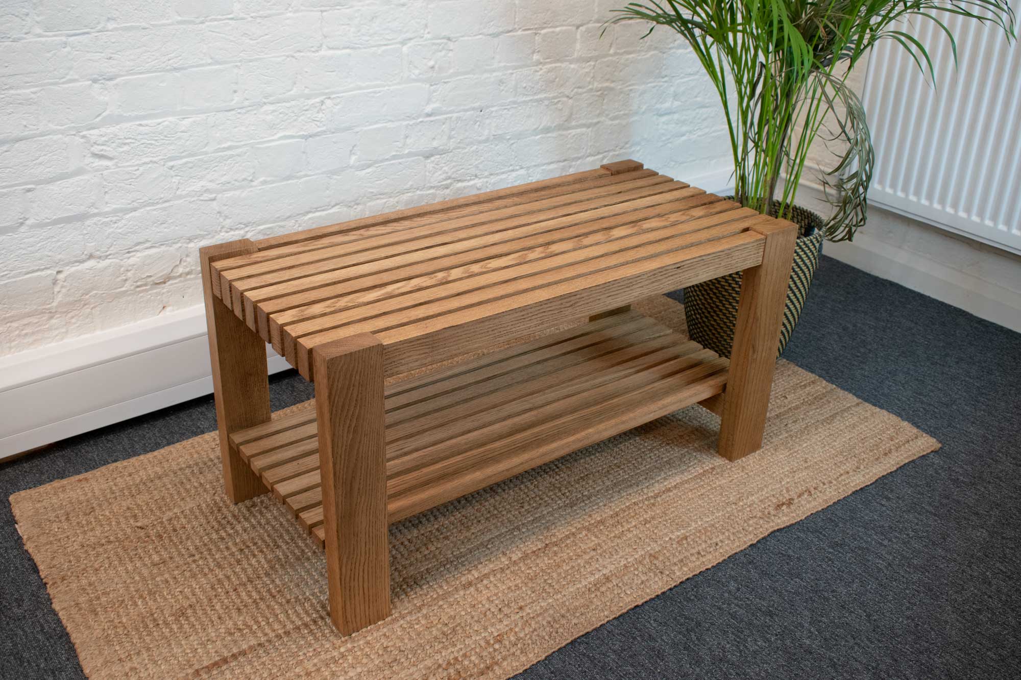 Solid Oak Wooden Slatted Bench Seat with Shoe Shelf The Wooden