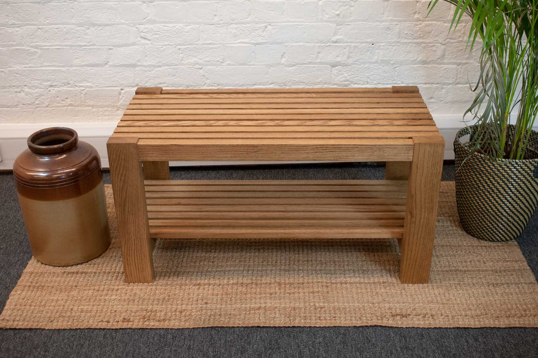 Solid Oak Wooden Slatted Bench Seat with Shoe Shelf