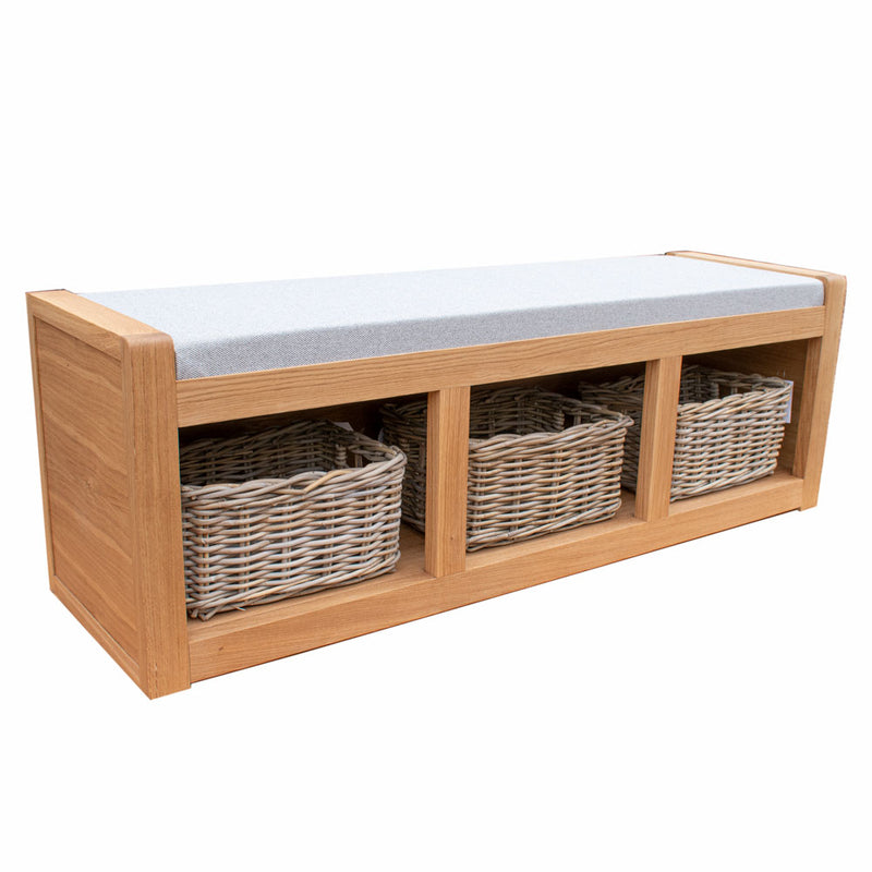 Bench Seat with Cushion and Storage Baskets - Solid Oak